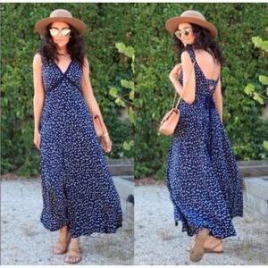 Anthropologie Tallulah Wide-Leg Jumpsuit 4 Petite Navy Blue Polka Dot Romper